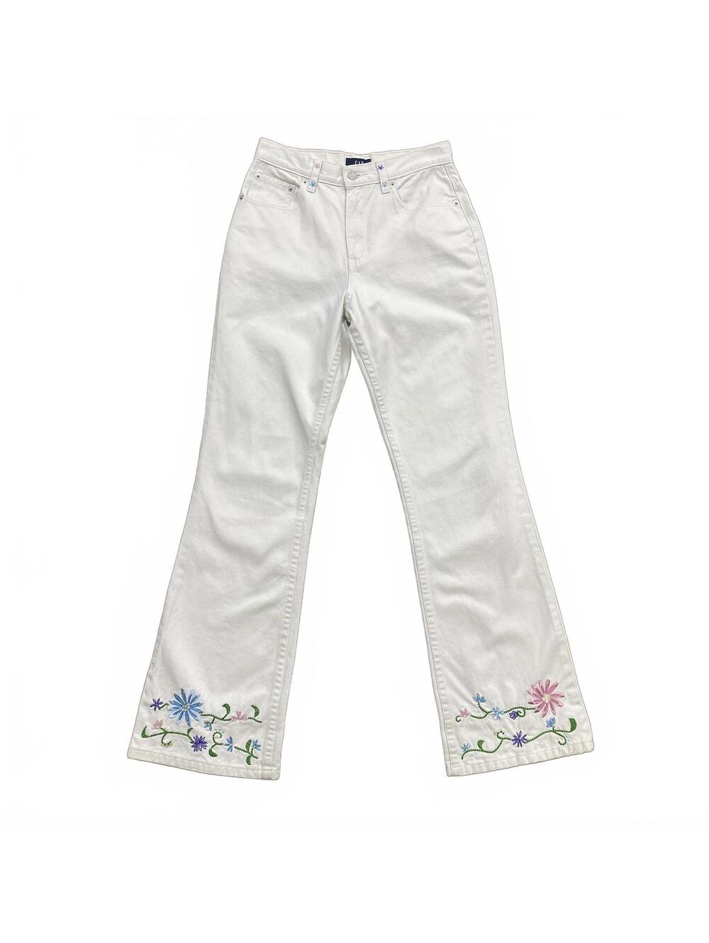 Vintage Early 2000s Gap Kids White Embroidered Flare Jeans Sz 14 Floral Details